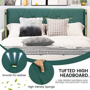 Giantex Upholstered Bed Frame with 4 Drawers, Queen Size PU Leather Bed Frame, Heavy-Duty Noise-Free Bed Frame, Easy Assembly, No Box Spring, Green