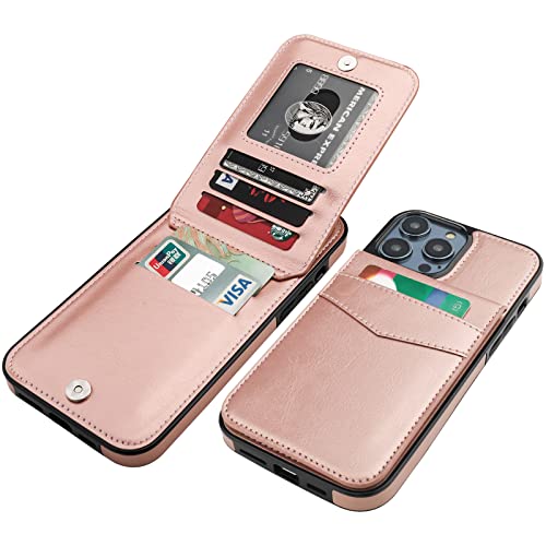 KIHUWEY Compatible with iPhone 14 Pro Max Case Wallet with Credit Card Holder, Flip Premium Leather Magnetic Clasp Kickstand Heavy Duty Protective Cover for iPhone 14 Pro Max 6.7 Inch (Rose Gold)