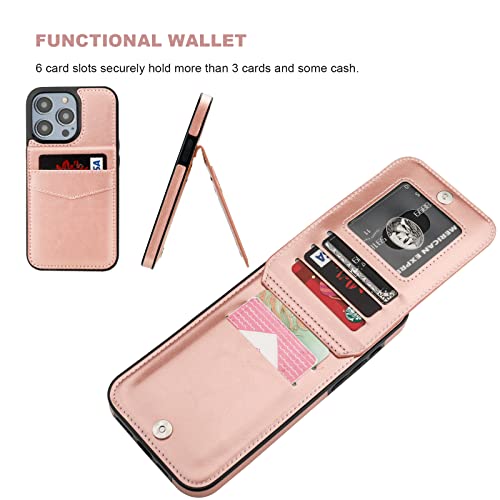 KIHUWEY Compatible with iPhone 14 Pro Max Case Wallet with Credit Card Holder, Flip Premium Leather Magnetic Clasp Kickstand Heavy Duty Protective Cover for iPhone 14 Pro Max 6.7 Inch (Rose Gold)