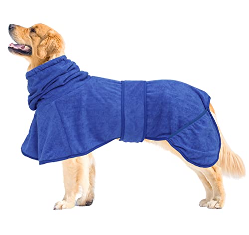 Dog Drying Coat Dressing Gown Towel Robe with Hood and Dual Hand Pocket pet Microfibre Super Absorbent fit for Bulldog Cocker Spaniels Schnauzer Small Medium Breeds - Blue - M