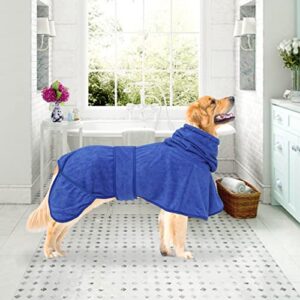 Dog Drying Coat Dressing Gown Towel Robe with Hood and Dual Hand Pocket pet Microfibre Super Absorbent fit for Bulldog Cocker Spaniels Schnauzer Small Medium Breeds - Blue - M