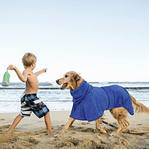 Dog Drying Coat Dressing Gown Towel Robe with Hood and Dual Hand Pocket pet Microfibre Super Absorbent fit for Bulldog Cocker Spaniels Schnauzer Small Medium Breeds - Blue - M