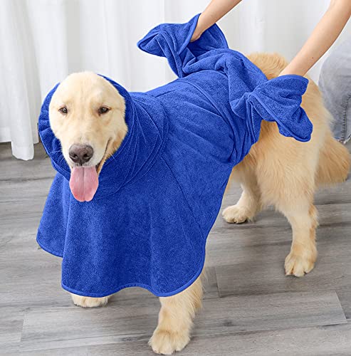 Dog Drying Coat Dressing Gown Towel Robe with Hood and Dual Hand Pocket pet Microfibre Super Absorbent fit for Bulldog Cocker Spaniels Schnauzer Small Medium Breeds - Blue - M