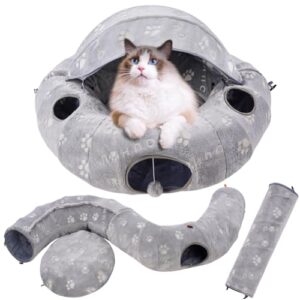 ouhou cat tunnel bed tube with plush cover, cat tunnels for indoor cats, 3 hanging balls and 4 peephole, collapsible self-luminous flannel fabric for large cats, bunny, puppy