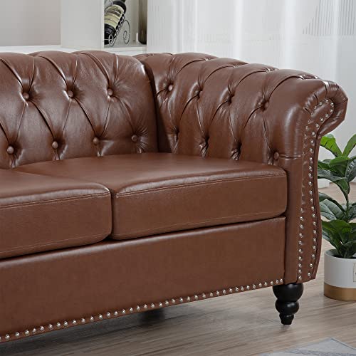 Melpomene Modern Faux Leather 3 Seater Couch Furniture, Button Classic Tufted Chesterfield Settee Sofa with Rolled Arm for Living Room(Brown)