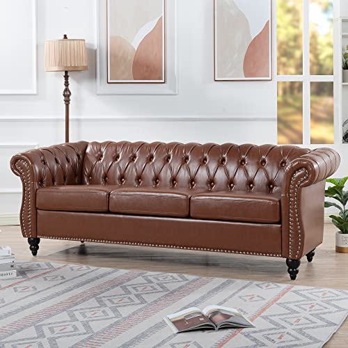 Melpomene Modern Faux Leather 3 Seater Couch Furniture, Button Classic Tufted Chesterfield Settee Sofa with Rolled Arm for Living Room(Brown)