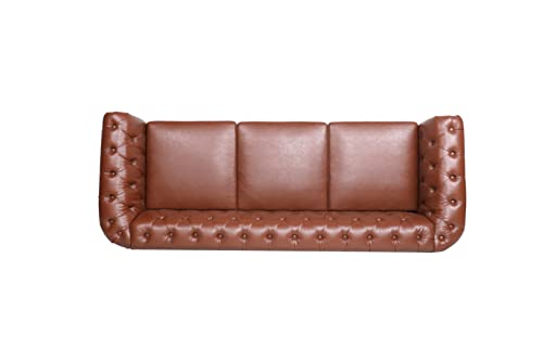 Melpomene Modern Faux Leather 3 Seater Couch Furniture, Button Classic Tufted Chesterfield Settee Sofa with Rolled Arm for Living Room(Brown)