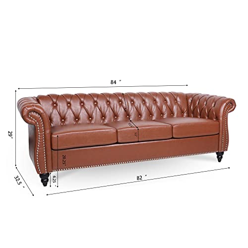 Melpomene Modern Faux Leather 3 Seater Couch Furniture, Button Classic Tufted Chesterfield Settee Sofa with Rolled Arm for Living Room(Brown)