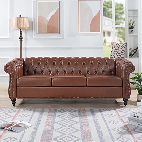 Melpomene Modern Faux Leather 3 Seater Couch Furniture, Button Classic Tufted Chesterfield Settee Sofa with Rolled Arm for Living Room(Brown)