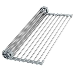 over sink dish drying rack, 304 stainless steel roll up dish drainer, silicone anti-slip roll out dish rack rolling flat sink rack mat foldable multipurpose for kitchen counter (17.7"x16.5")
