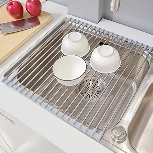 Over Sink Dish Drying Rack, 304 Stainless Steel Roll Up Dish Drainer, Silicone Anti-Slip Roll Out Dish Rack Rolling Flat Sink Rack Mat Foldable Multipurpose for Kitchen Counter (17.7"x16.5")