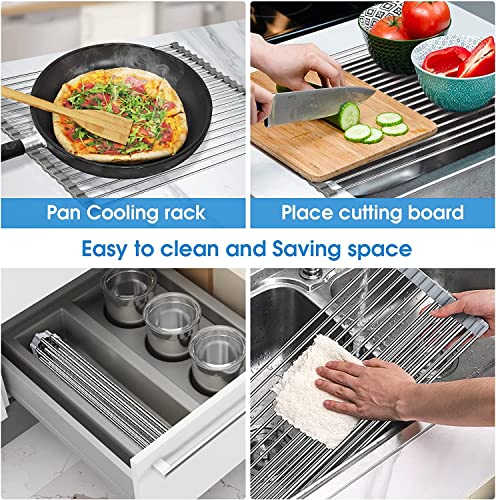 Over Sink Dish Drying Rack, 304 Stainless Steel Roll Up Dish Drainer, Silicone Anti-Slip Roll Out Dish Rack Rolling Flat Sink Rack Mat Foldable Multipurpose for Kitchen Counter (17.7"x16.5")