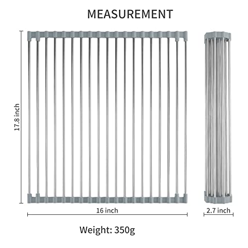 Over Sink Dish Drying Rack, 304 Stainless Steel Roll Up Dish Drainer, Silicone Anti-Slip Roll Out Dish Rack Rolling Flat Sink Rack Mat Foldable Multipurpose for Kitchen Counter (17.7"x16.5")