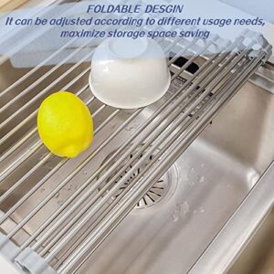 Over Sink Dish Drying Rack, 304 Stainless Steel Roll Up Dish Drainer, Silicone Anti-Slip Roll Out Dish Rack Rolling Flat Sink Rack Mat Foldable Multipurpose for Kitchen Counter (17.7"x16.5")