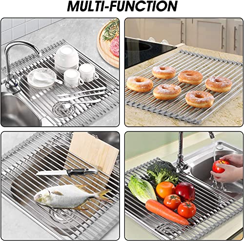 Over Sink Dish Drying Rack, 304 Stainless Steel Roll Up Dish Drainer, Silicone Anti-Slip Roll Out Dish Rack Rolling Flat Sink Rack Mat Foldable Multipurpose for Kitchen Counter (17.7"x16.5")