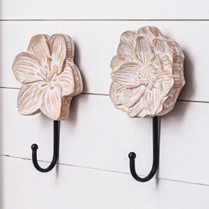 SOFFEE DESIGN Set of 2 Single Hooks 3D Flower Wood Carving Retro Style for Room Wall Decoration, Coat Hat Scarf Hanging Hanger Entry Heavy Hooks Home Decor