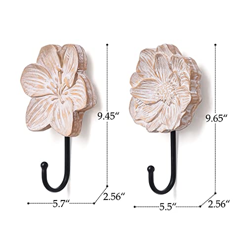 SOFFEE DESIGN Set of 2 Single Hooks 3D Flower Wood Carving Retro Style for Room Wall Decoration, Coat Hat Scarf Hanging Hanger Entry Heavy Hooks Home Decor