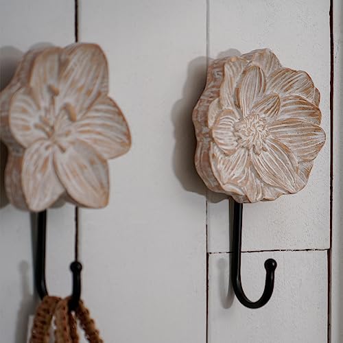 SOFFEE DESIGN Set of 2 Single Hooks 3D Flower Wood Carving Retro Style for Room Wall Decoration, Coat Hat Scarf Hanging Hanger Entry Heavy Hooks Home Decor