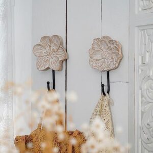 SOFFEE DESIGN Set of 2 Single Hooks 3D Flower Wood Carving Retro Style for Room Wall Decoration, Coat Hat Scarf Hanging Hanger Entry Heavy Hooks Home Decor