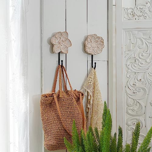 SOFFEE DESIGN Set of 2 Single Hooks 3D Flower Wood Carving Retro Style for Room Wall Decoration, Coat Hat Scarf Hanging Hanger Entry Heavy Hooks Home Decor