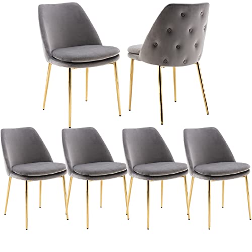 QUINJAY Modern Accent Dining Chairs Set of 6, Velvet Upholstered Dining Room Chairs Tufted Back Armless Side Chairs Vanity Chairs with Gold Legs for Kitchen Living Room Bedroom Grey