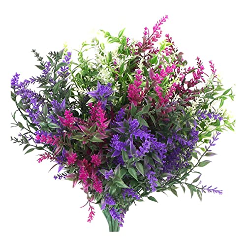 FYY Artificial Lavender Flowers Outdoor Plants (12 Bundles) Outdoor Artificial Plants UV Resistant - Plastic Flowers Lavender Spring Fake Flowers - Floral Arrangement for Porch Window Box Decor