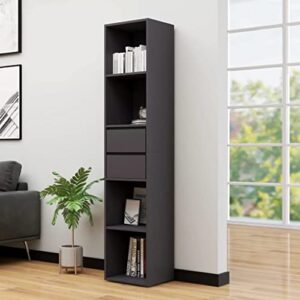 natulvd 6 tier tall bookcase with drawers & shelves, narrow display storage shelves collection décor free standing furniture for home living room study room - grey