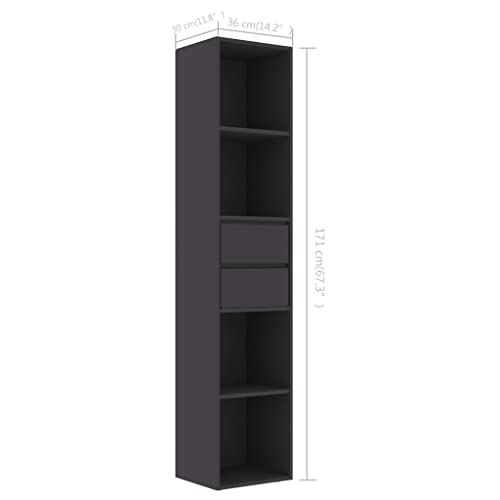 Natulvd 6 Tier Tall Bookcase with Drawers & Shelves, Narrow Display Storage Shelves Collection Décor Free Standing Furniture for Home Living Room Study Room - Grey