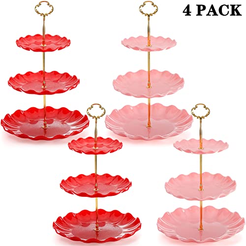 DEAYOU 4 Pack 3-Tier Cupcake Stand, Plastic Dessert Stand Display Tower, Tiered Cake Stands Serving Trays with Gold Rod, Pastry Rack Holder Platter for Buffet, Party, Wedding, Home Decor, Pink, Red