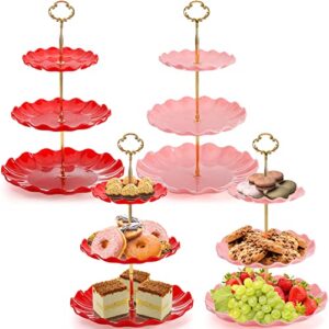 deayou 4 pack 3-tier cupcake stand, plastic dessert stand display tower, tiered cake stands serving trays with gold rod, pastry rack holder platter for buffet, party, wedding, home decor, pink, red