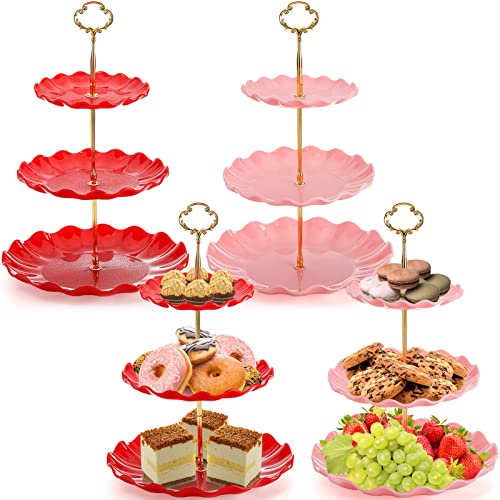 DEAYOU 4 Pack 3-Tier Cupcake Stand, Plastic Dessert Stand Display Tower, Tiered Cake Stands Serving Trays with Gold Rod, Pastry Rack Holder Platter for Buffet, Party, Wedding, Home Decor, Pink, Red