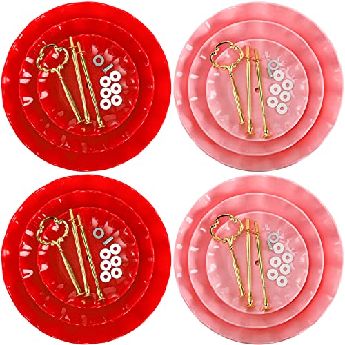 DEAYOU 4 Pack 3-Tier Cupcake Stand, Plastic Dessert Stand Display Tower, Tiered Cake Stands Serving Trays with Gold Rod, Pastry Rack Holder Platter for Buffet, Party, Wedding, Home Decor, Pink, Red