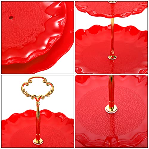 DEAYOU 4 Pack 3-Tier Cupcake Stand, Plastic Dessert Stand Display Tower, Tiered Cake Stands Serving Trays with Gold Rod, Pastry Rack Holder Platter for Buffet, Party, Wedding, Home Decor, Pink, Red