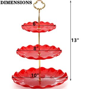 DEAYOU 4 Pack 3-Tier Cupcake Stand, Plastic Dessert Stand Display Tower, Tiered Cake Stands Serving Trays with Gold Rod, Pastry Rack Holder Platter for Buffet, Party, Wedding, Home Decor, Pink, Red