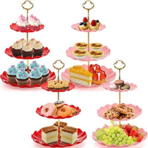 DEAYOU 4 Pack 3-Tier Cupcake Stand, Plastic Dessert Stand Display Tower, Tiered Cake Stands Serving Trays with Gold Rod, Pastry Rack Holder Platter for Buffet, Party, Wedding, Home Decor, Pink, Red