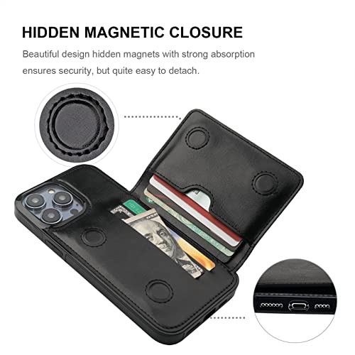 KIHUWEY Compatible with iPhone 14 Pro Max Wallet Case Credit Card Holder, Premium Leather Kickstand Flip Hidden Magnetic Clasp Durable Shockproof Protective Cover for 6.7 Inch (Black)