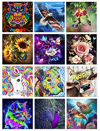 12 Pack Diamond Painting Kits for Adults,Diamond Art Birds Animals HD Canvas DIY 5D Full Drill Round Crystal Rhinestone Gem Arts Dots Diamonds Craft Paint for New Home Wall Decor - 12x12inch X12PCS