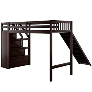 MOEO Twin Size Loft Bed with Slide & 3 Storage Staircase for Kids Bedroom,Sturdy Wood Bedframe, High Guardrail Design, No Box Spring Needed, 78.4" L×97.3" W×61.4" H, Espresso