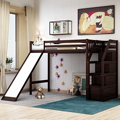 MOEO Twin Size Loft Bed with Slide & 3 Storage Staircase for Kids Bedroom,Sturdy Wood Bedframe, High Guardrail Design, No Box Spring Needed, 78.4" L×97.3" W×61.4" H, Espresso