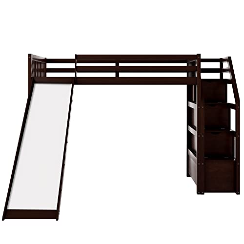 MOEO Twin Size Loft Bed with Slide & 3 Storage Staircase for Kids Bedroom,Sturdy Wood Bedframe, High Guardrail Design, No Box Spring Needed, 78.4" L×97.3" W×61.4" H, Espresso