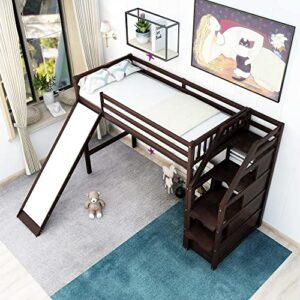 MOEO Twin Size Loft Bed with Slide & 3 Storage Staircase for Kids Bedroom,Sturdy Wood Bedframe, High Guardrail Design, No Box Spring Needed, 78.4" L×97.3" W×61.4" H, Espresso