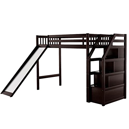 MOEO Twin Size Loft Bed with Slide & 3 Storage Staircase for Kids Bedroom,Sturdy Wood Bedframe, High Guardrail Design, No Box Spring Needed, 78.4" L×97.3" W×61.4" H, Espresso