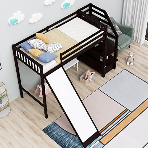 MOEO Twin Size Loft Bed with Slide & 3 Storage Staircase for Kids Bedroom,Sturdy Wood Bedframe, High Guardrail Design, No Box Spring Needed, 78.4" L×97.3" W×61.4" H, Espresso