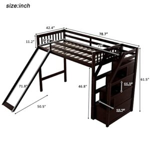 MOEO Twin Size Loft Bed with Slide & 3 Storage Staircase for Kids Bedroom,Sturdy Wood Bedframe, High Guardrail Design, No Box Spring Needed, 78.4" L×97.3" W×61.4" H, Espresso