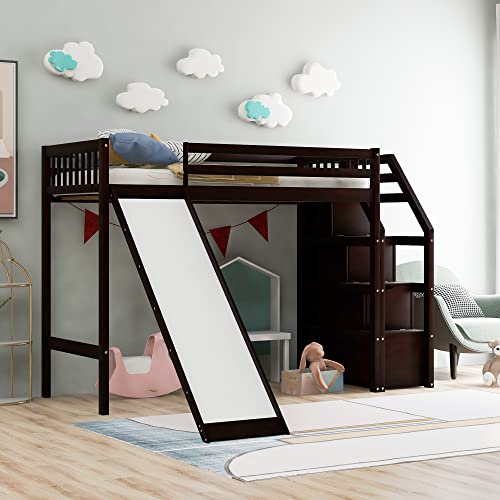 MOEO Twin Size Loft Bed with Slide & 3 Storage Staircase for Kids Bedroom,Sturdy Wood Bedframe, High Guardrail Design, No Box Spring Needed, 78.4" L×97.3" W×61.4" H, Espresso