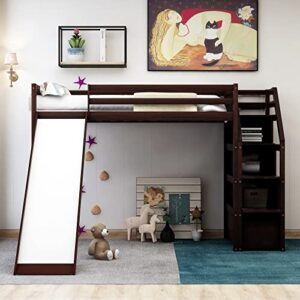 MOEO Twin Size Loft Bed with Slide & 3 Storage Staircase for Kids Bedroom,Sturdy Wood Bedframe, High Guardrail Design, No Box Spring Needed, 78.4" L×97.3" W×61.4" H, Espresso