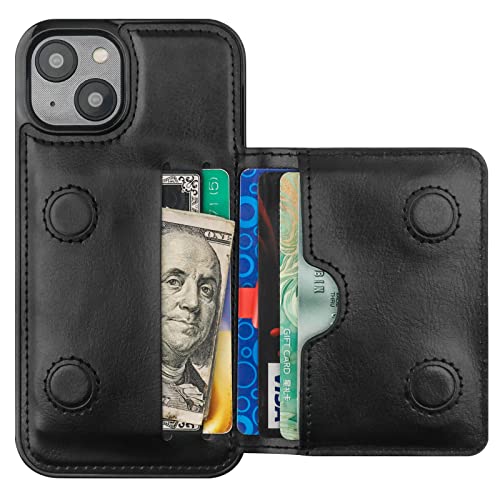 KIHUWEY Compatible with iPhone 14 Wallet Case Credit Card Holder, Premium Leather Kickstand Flip Hidden Magnetic Clasp Durable Shockproof Protective Cover for iPhone 14 6.1 inch (Black)