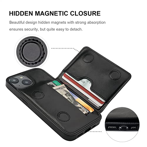 KIHUWEY Compatible with iPhone 14 Wallet Case Credit Card Holder, Premium Leather Kickstand Flip Hidden Magnetic Clasp Durable Shockproof Protective Cover for iPhone 14 6.1 inch (Black)