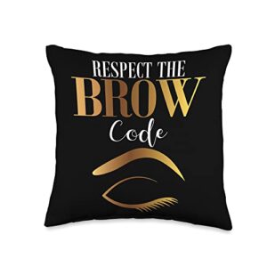 brow artist gifts and eyebrow apparel for women artist respect the brow code microblading throw pillow, 16x16, multicolor