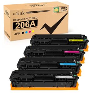 v4ink 206a (with chip) remanufactured toner cartridge replacement for hp 206a w2110a for use in color mfp m283fdw pro m255dw m283cdw m283fdn m255nw m282nw m282 m255 m283 series (kcmy, 4 pack)